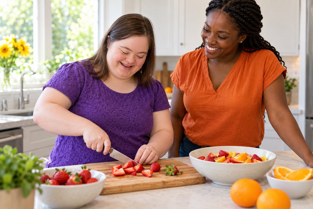 A woman preparing fruit at home with encouragement from her support professional