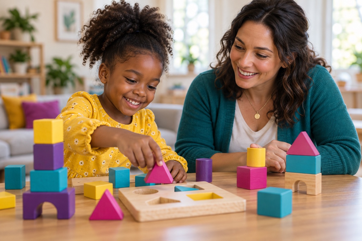 A child building with colorful blocks alongside a support professional